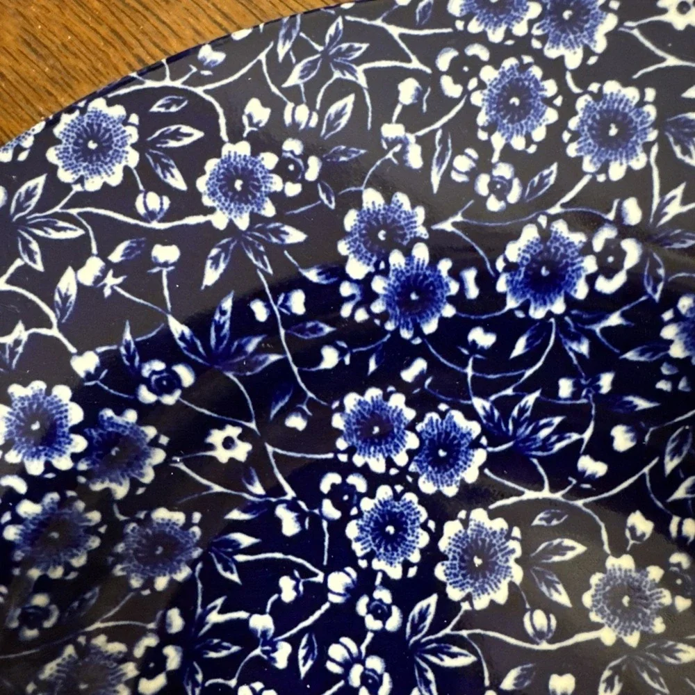 Staffordshire Blue Calico Chintz Floral Flat Rimmed Soup Bowl, 9
